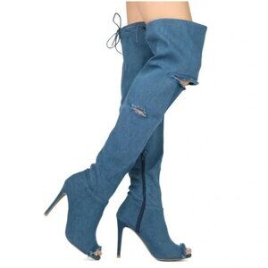 Denim Over-The-Knee Peep Toe Stiletto Heel Boots With Distressed Details & Back